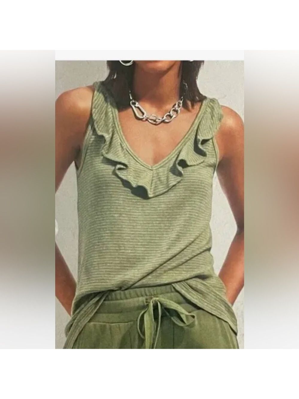 Cabi - Light Sage Green Ruffled Neckline Tank Top - Size L - Picture 1 of 9